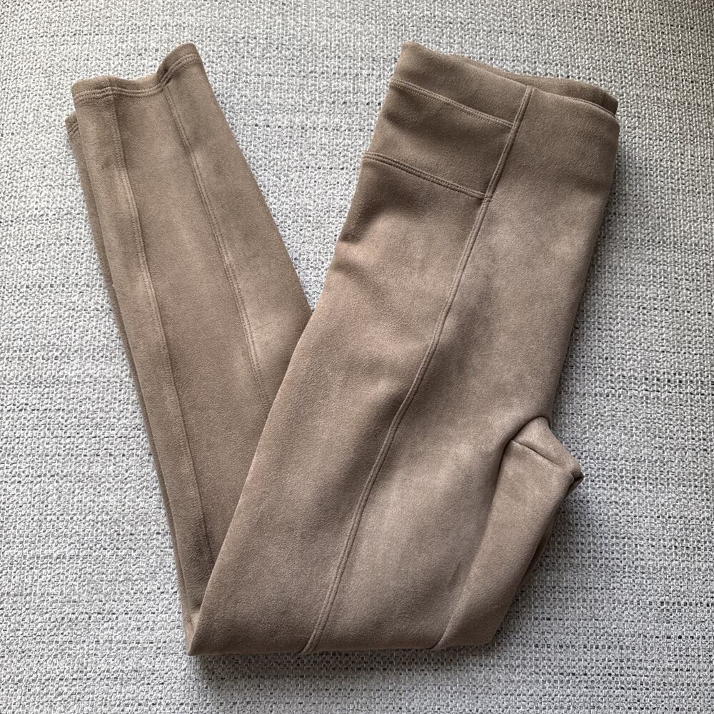 Spanx Faux Suede Leggings Small Petite Camel Tan High Rise Shaping Pants Pull On